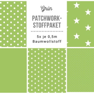 Puede incluir: Un conjunto de telas de patchwork en tonos verdes. El conjunto incluye telas con lunares blancos, estrellas blancas y verde liso. Se muestra el texto "Grün PATCHWORK-STOFFPAKET", junto con "5x je 0,5m Baumwollstoff".