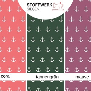 May include: Three fabric swatches with a white anchor pattern. The swatches are coral, dark green, and mauve. The text "STOFFWERK SIEGEN" is at the top of the image.