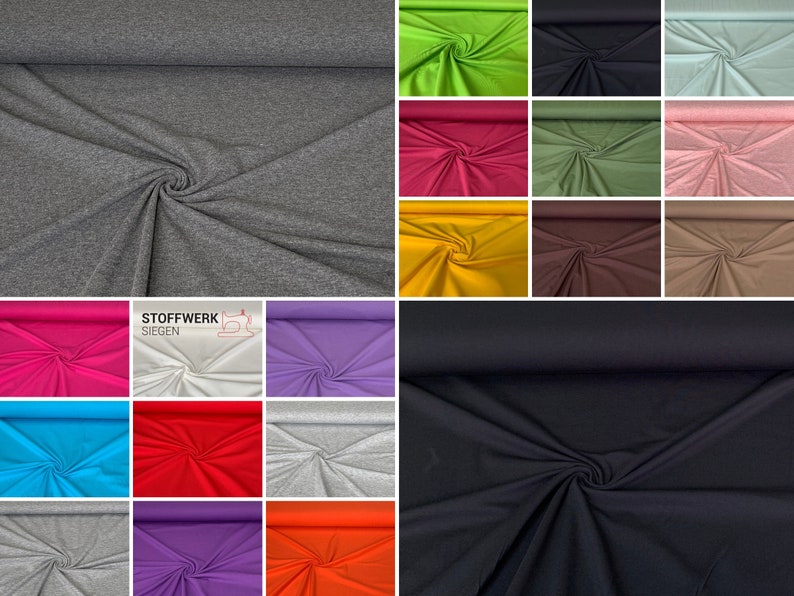 Puede incluir: Una colecci&oacute;n de 18 muestras de tela en varios colores, incluyendo gris, verde, rosa, amarillo, marr&oacute;n, negro, azul, rojo, blanco, naranja y morado. La tela es un material de punto suave y el&aacute;stico. Las muestras est&aacute;n dispuestas en una cuadr&iacute;cula. El texto "Stoffwerk Siegen" es visible en el centro de la imagen.