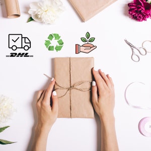 May include: A brown paper package tied with twine, with a green recycling symbol, a green plant in a hand, and a DHL logo in the background.