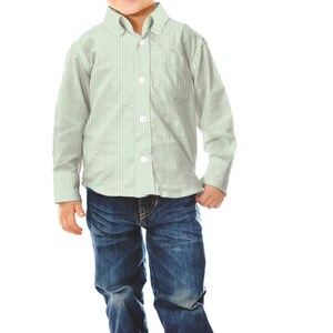 May include: A young boy wearing a light green striped button-down shirt with a white collar, blue jeans, and black shoes.