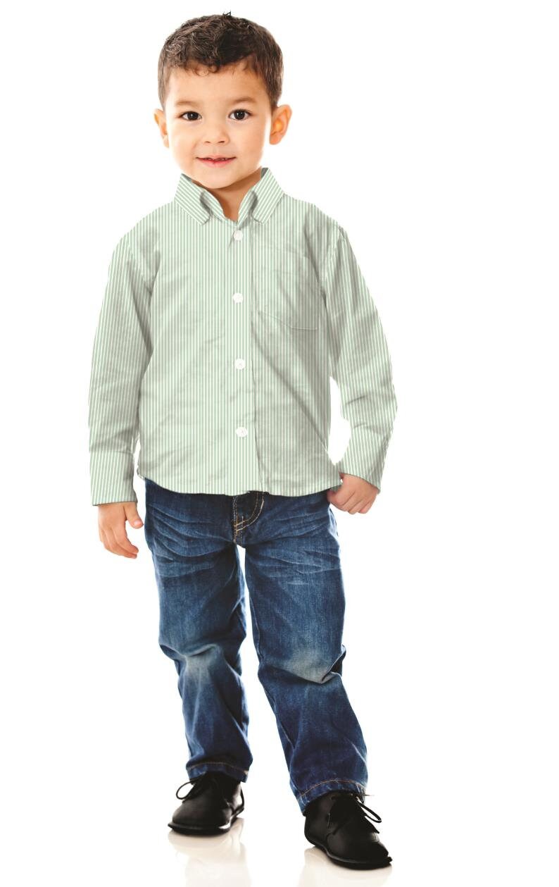 May include: A young boy wearing a light green striped button-down shirt with a white collar, blue jeans, and black shoes.