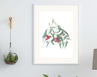 Eucalyptus red flowers A4 or A3 print (portrait), Australian gum leaves, Australian native plant, Australian gift
