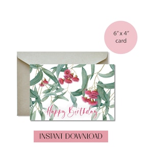 Cartão para impressão de feliz aniversário, eucalipto, goma de flor vermelha, download digital, planta australiana, download instantâneo