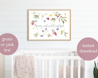 Young and wild and free wall art digital download, Wildflowers of Australia poster, Flora of Australia printable wall art