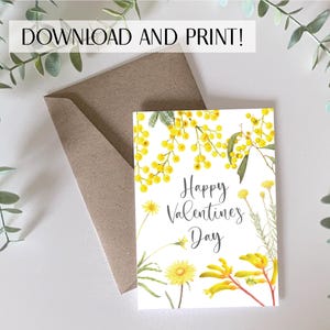 Cartão para impressão do Dia dos Namorados, cartão Wattle Valentine's, cartão com plantas nativas australianas, download digital, presente australiano