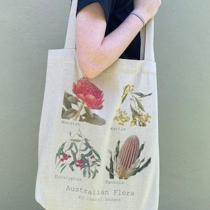 Cotton Tote Bag - Australian Flora, native Australian plants, Waratah, Wattle, Eucalyptus, Banksia
