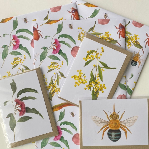 Set 3 wrapping and cards Australian Native Plants and Insects - Wrapping Paper & Greeting Cards, Golden wattle, Eucalyptus, Blue banded bee