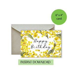 Biglietto stampabile di buon compleanno, Wattle, Biglietto d'auguri australiano, Download digitale, Illustrazione di Wattle, Pianta australiana