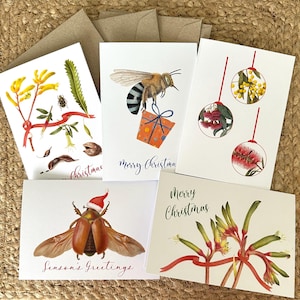 Conjunto de cartões de Natal - Plantas e insetos nativos australianos, conjunto de 5 cartões de Natal australianos, plantas e insetos aquarelas