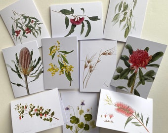 Set of 10 cards - Australian native plants, Eucalyptus, Wattle, Bottlebrush, Australian watercolour paintings, Australian gift