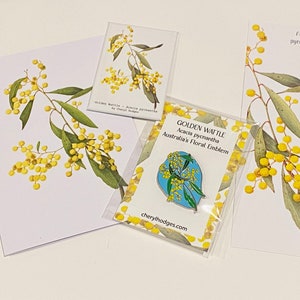 Set regalo Golden Wattle, spilla wattle, magnete wattle, biglietto di auguri wattle, segnalibro wattle