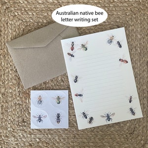 Conjunto de escrita de cartas de abelhas nativas da Austrália - ilustrações de abelhas australianas em papel para escrever cartas, adesivos