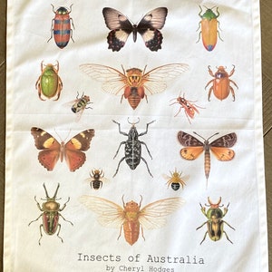 Tea Towel - Insects of Australia, gift for insect lover,Australian native gift, watercolours