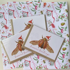 Set 3 confezioni e cartoline natalizie Piante e insetti nativi australiani - Carta da regalo e biglietti d'auguri, biglietto con scarabeo natalizio australiano