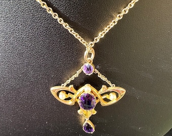 Vintage 9 Carat Gold Art Nouveau Amethyst Seed Pearl Pendant