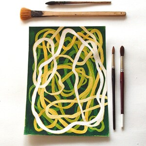 Small watercolor painting , elegant abstract painting, minimal green and yellow painting, original fine artwork, green art, unique .