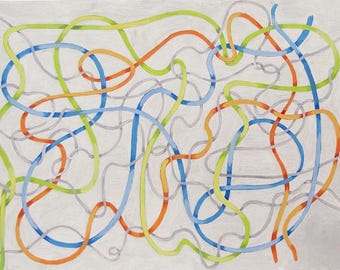 Modern Abstract Painting, Minimalist Artwork of Lines in Green, Blue, Orange and Gray, Original Painting on Paper.