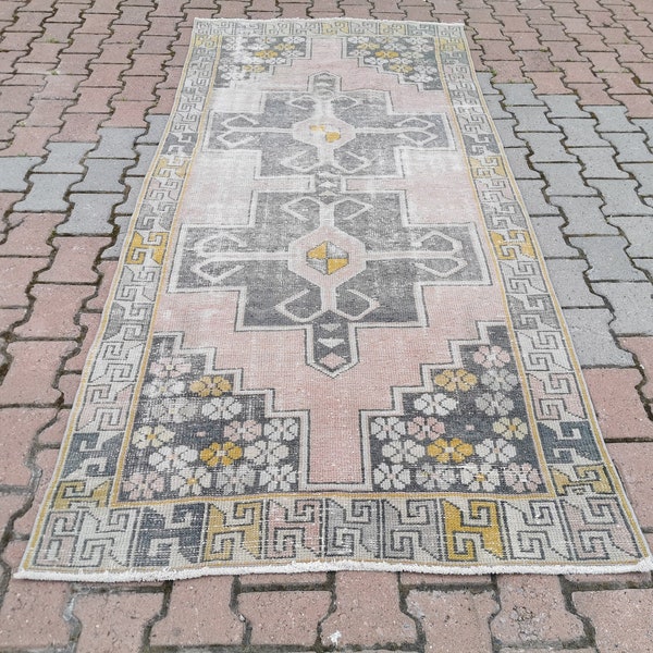 vintage turkish rug , wool rug , oushak rug , clean rug , hand knotted rug , bohemian rug , antique rug , tribal rug 3.8 x 8.7 ft.