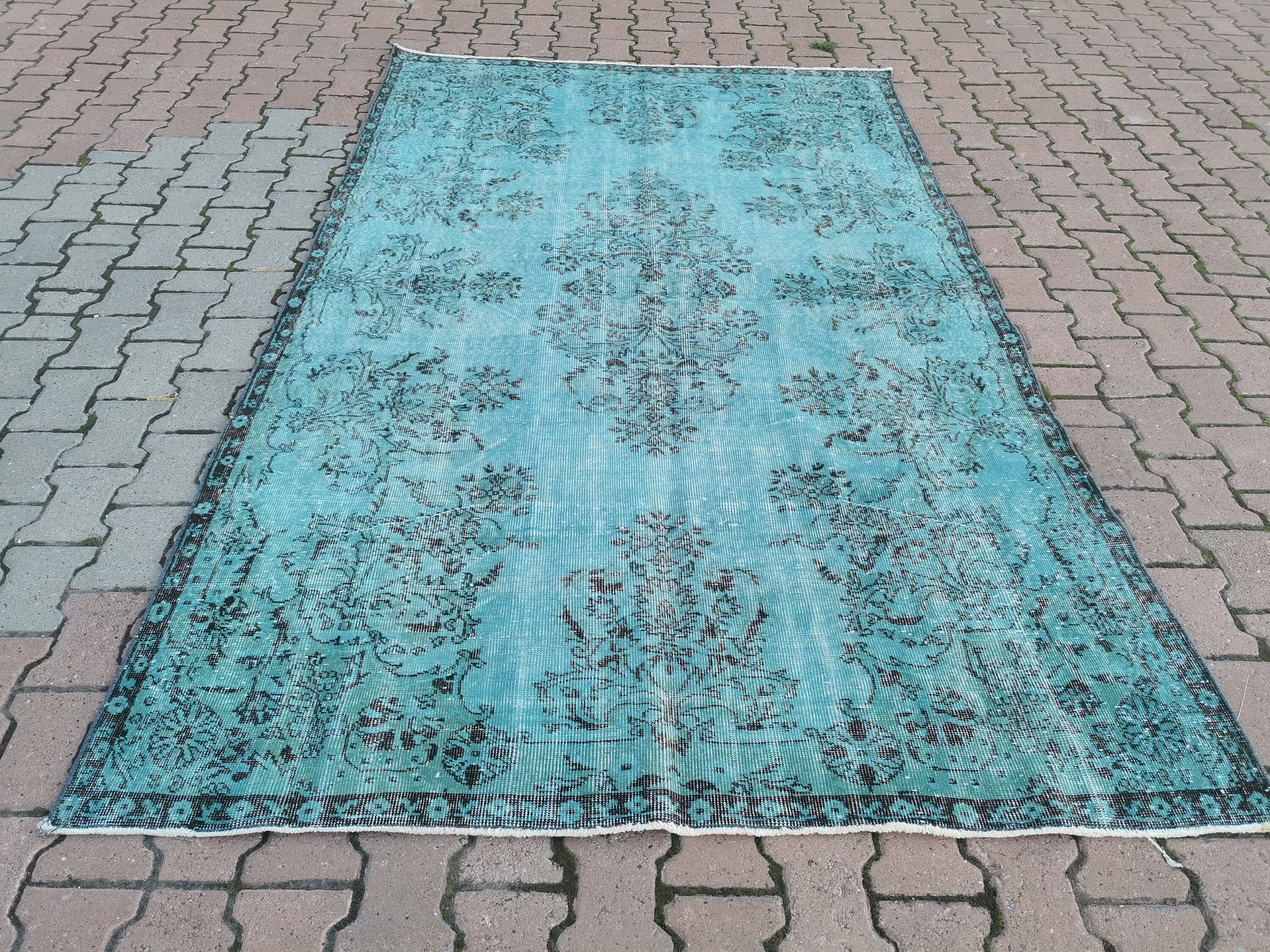 Tapis Turc, Tapis Vintage, 5.6x9.3 Ft, Bleu, Fait Main, Organique, Floral, Anatolien, Antique, de Se