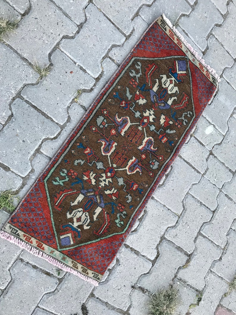 Oushak Rug 1.3x3ft Turkish Rug Vintage Rug Boho Rug Mute Redish Orange Small Oushak Rug Anatolian Handknotted Handwoven Runner Rug Doormat