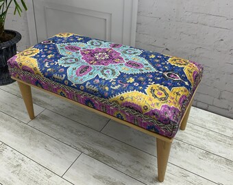 Ottoman Bench, Dining Table Seat, Piano Bench, Bedroom Seat, Handmade Furniture, Boho Decor, Turkish Rug Bench, Kitchen Rug, 18x18x35 inch