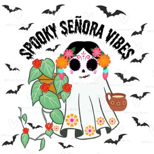 Vibraciones de señora espeluznantes, PNG, Halloween mexicano, diseño espeluznante, fantasma latino, vibraciones de fantasma de señora, latina espeluznante, Halloween español, señora de las plantas