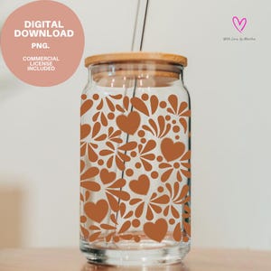 May include: A clear glass drinking jar with a bamboo lid and a straw. The jar is decorated with a repeating pattern of brown hearts and floral shapes. The image includes the text "DIGITAL DOWNLOAD PNG. COMMERCIAL LICENSE INCLUDED."