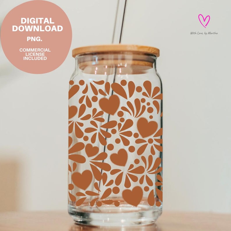 May include: A clear glass drinking jar with a bamboo lid and a straw. The jar is decorated with a repeating pattern of brown hearts and floral shapes. The image includes the text "DIGITAL DOWNLOAD PNG. COMMERCIAL LICENSE INCLUDED."