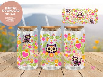 Cat Day of the Dead Talavera PNG wrap: Dia de los muertos sugar skulls cat theme (Digital download)