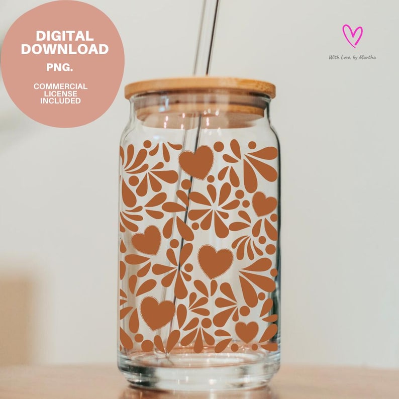 May include: A clear glass drinking jar with a bamboo lid and a glass straw. The jar is decorated with a pattern of brown hearts and floral shapes. The text "DIGITAL DOWNLOAD PNG. COMMERCIAL LICENSE INCLUDED" is in a pink circle.