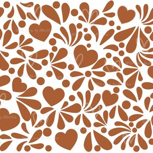 May include: A repeating pattern of brown hearts, teardrop shapes, and floral designs on a white background. The design is evenly spaced and creates a visually appealing, decorative element. The overall theme is romantic and decorative.