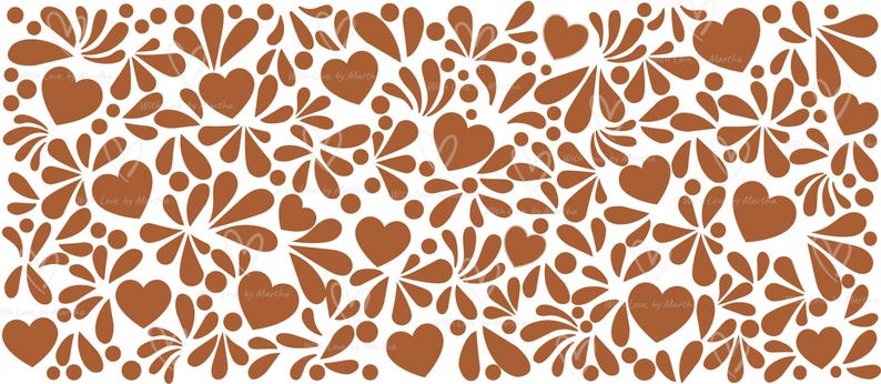 May include: A repeating pattern of brown hearts, teardrop shapes, and floral designs on a white background. The design is evenly spaced and creates a visually appealing, decorative element. The overall theme is romantic and decorative.