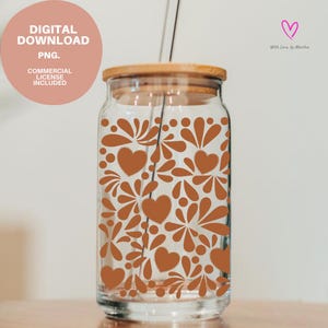 May include: A clear glass drinking jar with a bamboo lid and a glass straw. The jar is decorated with a repeating pattern of brown hearts and floral shapes. The image includes the text "DIGITAL DOWNLOAD PNG. COMMERCIAL LICENSE INCLUDED."