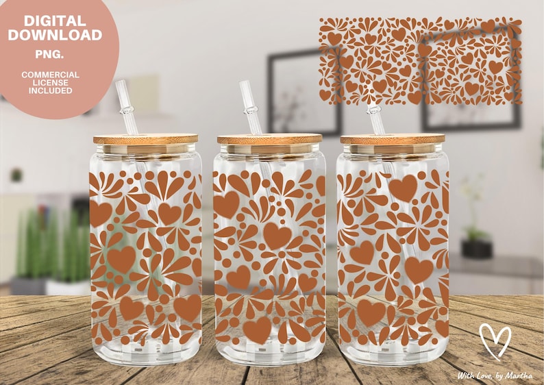 May include: Three clear glass beverage cups with brown heart and floral patterns, bamboo lids, and clear straws. The cups are on a wooden surface. The image includes the text "DIGITAL DOWNLOAD PNG. COMMERCIAL LICENSE INCLUDED."