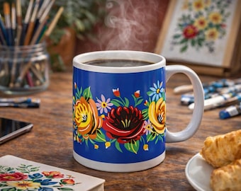 Blue Canal Art Mug – Hand Painted Style Folk Art Floral | British Heritage Rose Design | Colourful Cottagecore Tea Cup | Narrowboat Gift