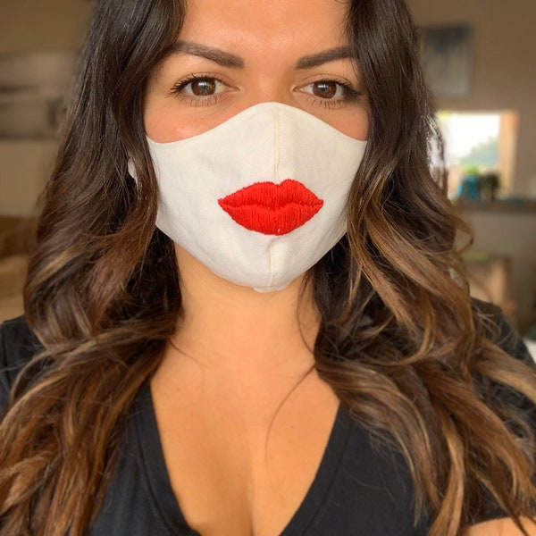 Hand Embroidered Lipstick Cotton Mask | Lip Mask | Hand Embroidered Mask for Makeup Artists