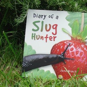 Könnte beinhalten: Ein Buchcover mit dem Titel "Tagebuch eines Schneckenjägers" in bunten Buchstaben. Eine schwarze Schnecke kriecht auf einer roten Erdbeere mit grünen Blättern.