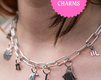 Può includere: Una collana a catena d'argento con diversi ciondoli, tra cui un fantasma, lettere e un piccolo disegno. La collana è indossata da una persona. Il testo "NEW CHARMS" è su una stella rosa.
