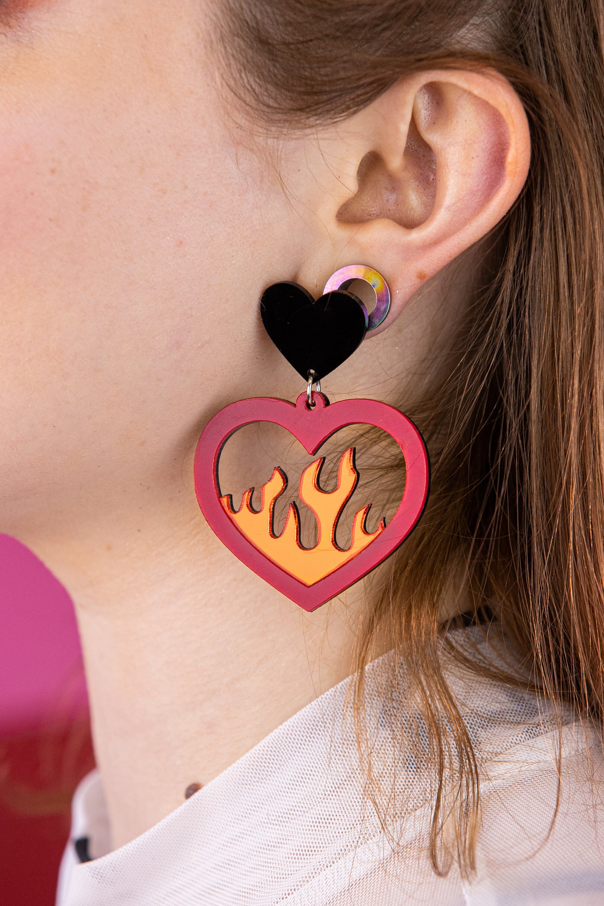 Acrylic red heart flame earrings