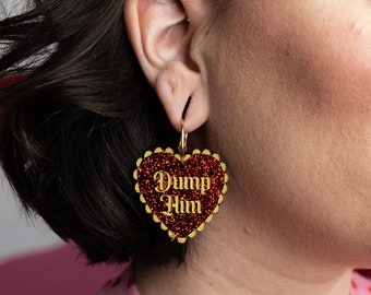 Dump Him Red Glitter & Gold Earrings