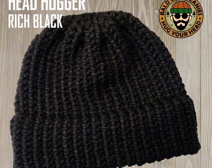 Black Wool Hat Size M L, Hand Knit, Teens Men Women, Watch Cap, Long