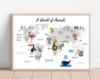 Animal Map of the World Print, Animal World Map, Educational Print, Nursery Map Print, Animal Map Print, Safari Map, Playroom, Childrens Map