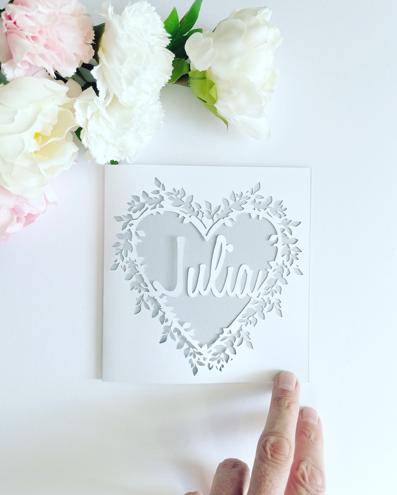 Personalised Floral Heart Papercut Name Card, Wedding Card, Anniversary Card, Thank You Card, Birthday Card for her, Wedding Gift, Mum Card image 7