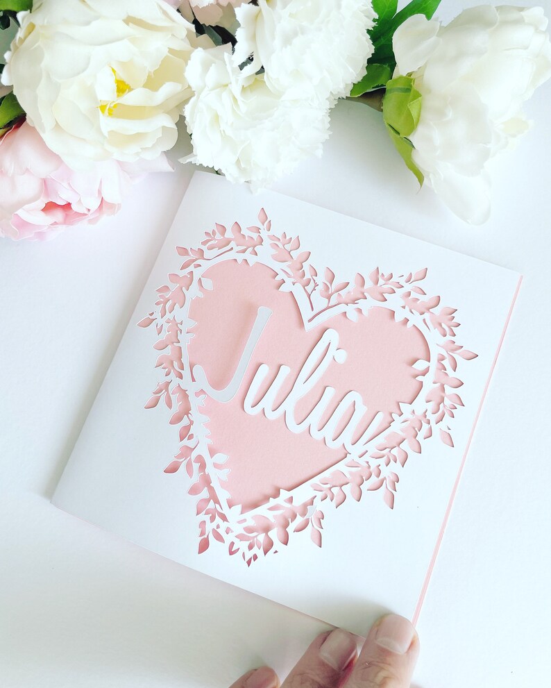 Personalised Floral Heart Papercut Name Card, Wedding Card, Anniversary Card, Thank You Card, Birthday Card for her, Wedding Gift, Mum Card image 2