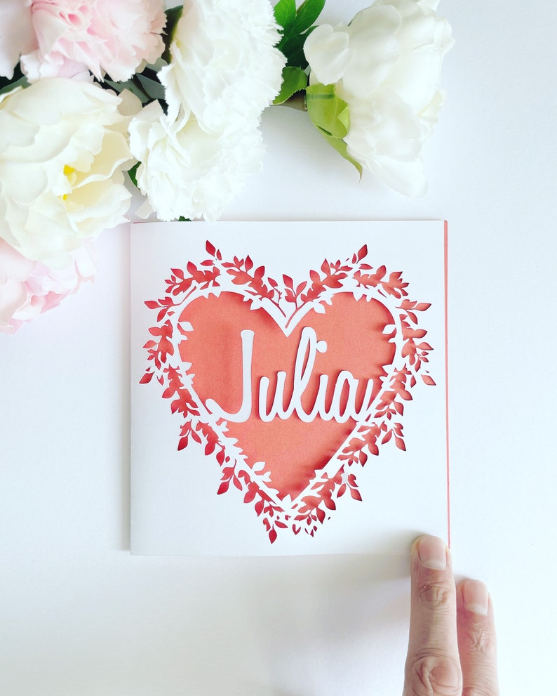 Personalised Floral Heart Papercut Name Card, Wedding Card, Anniversary Card, Thank You Card, Birthday Card for her, Wedding Gift, Mum Card image 8