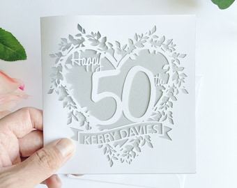 Personalised Floral Papercut 50th Birthday Name Card, 50th Birthday Card for her, Fifty Card, Forty Card, Sixty Card, Milestone Card, 40, 50