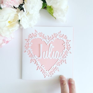 Personalised Floral Heart Papercut Name Card, Wedding Card, Anniversary Card, Thank You Card, Birthday Card for her, Wedding Gift, Mum Card image 1