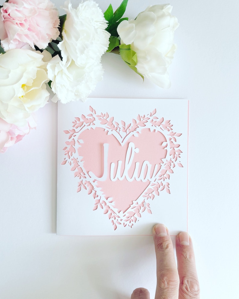 Personalised Floral Heart Papercut Name Card, Wedding Card, Anniversary Card, Thank You Card, Birthday Card for her, Wedding Gift, Mum Card image 1