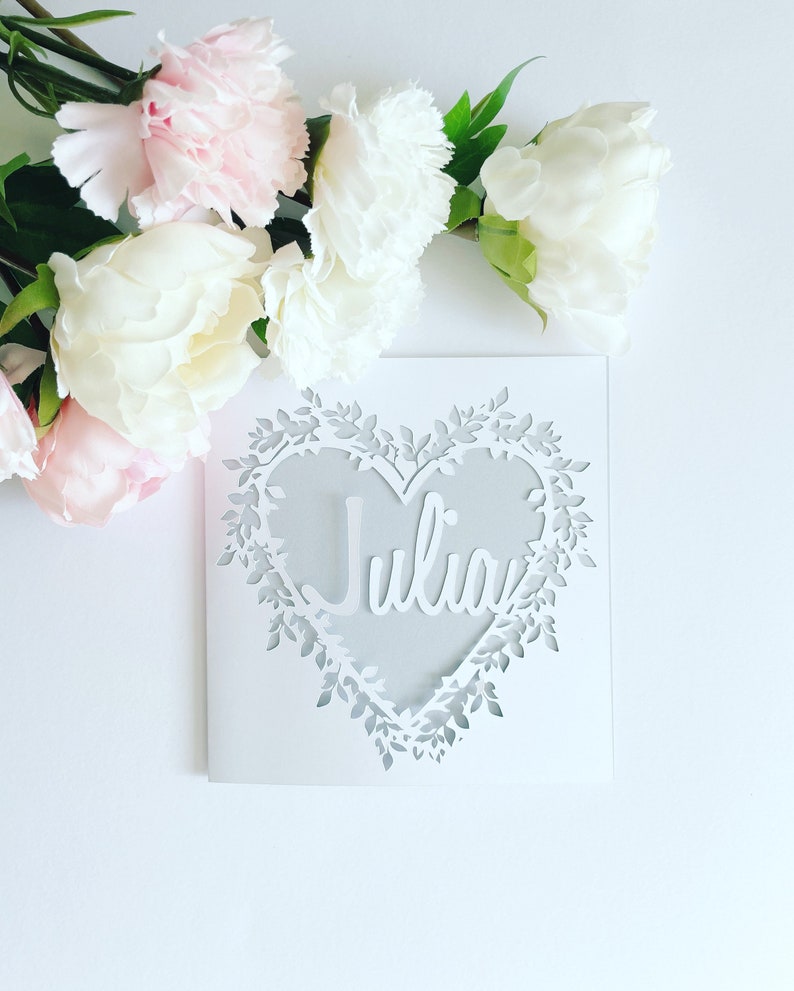 Personalised Floral Heart Papercut Name Card, Wedding Card, Anniversary Card, Thank You Card, Birthday Card for her, Wedding Gift, Mum Card image 4